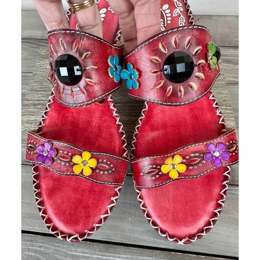 Spring Step L'Artiste Via Red Floral Whipstitch Kitten Heel Slide Sandal 10.5 11 - Picture 4 of 13